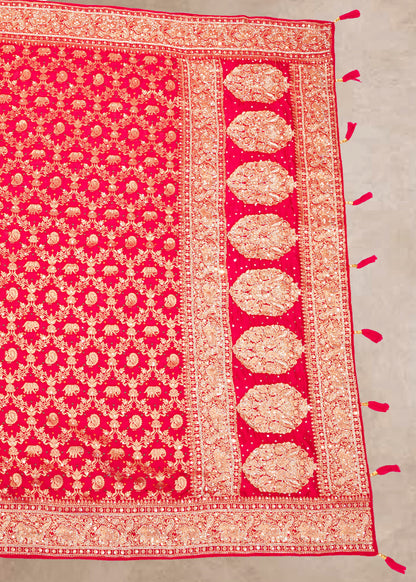 Red Hand Embroidered Dola Silk Saree with Elephant Motifs and Unstitched Blouse