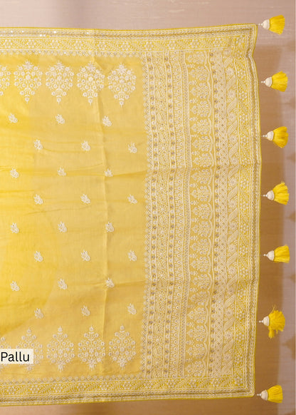 Yellow Mul Cotton Thread Embroidered Saree with Unstitched Blouse