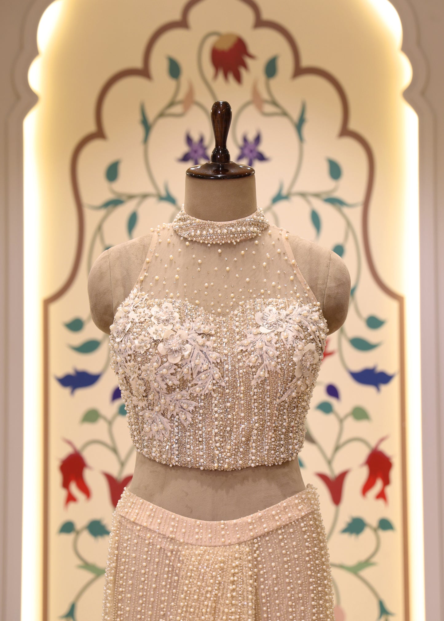 Suzain Ivory Cream Pearl Halter Neck Blouse with Pre Draped Saree
