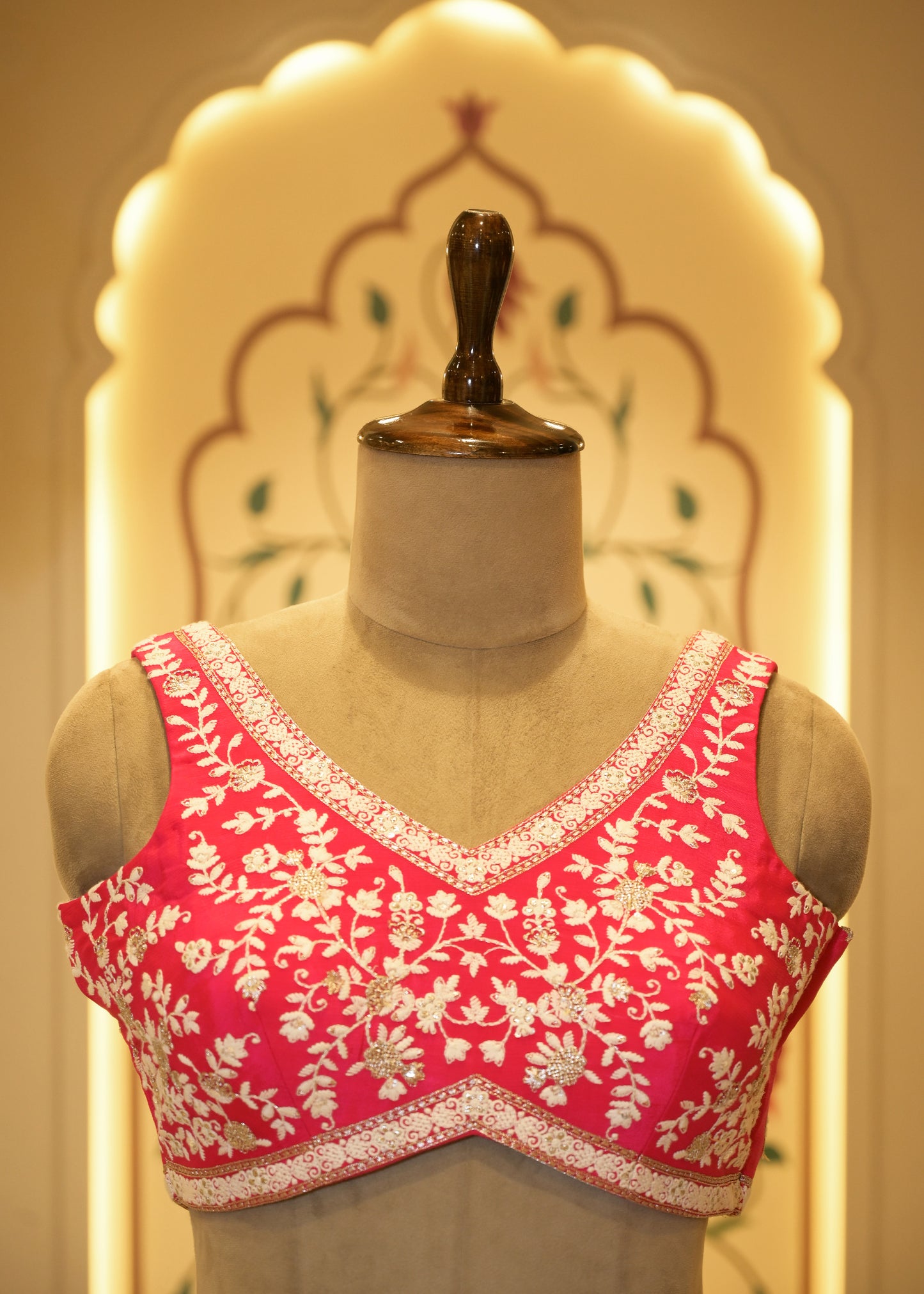 Pink Chinon Thread Embroidered Saree with Stitched Blouse