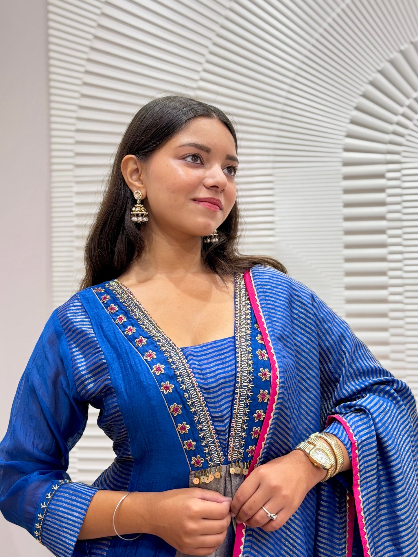 Electric Blue Mul Cotton Tissue Kurti Set