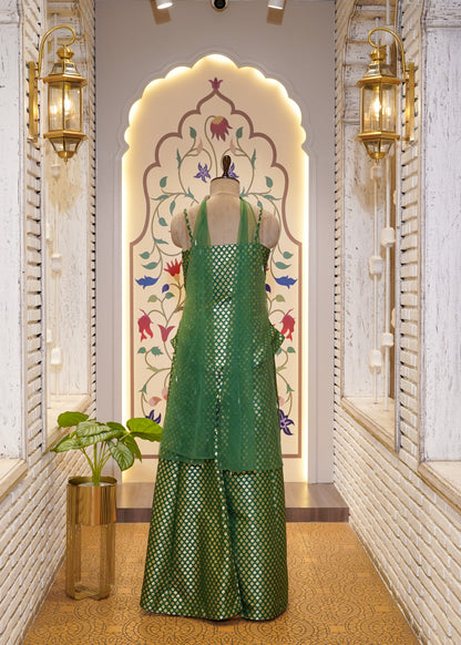 Green Brocade Silk Hand Embroidered Peplum & Plazo Set with Choker Dupatta