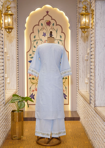 Powder Blue Check Cotton 3 pc Kurti Set