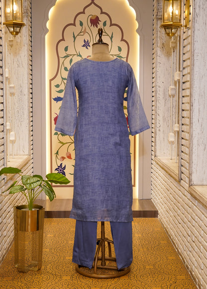 Blue Cotton Printed 3 pc Kurti set