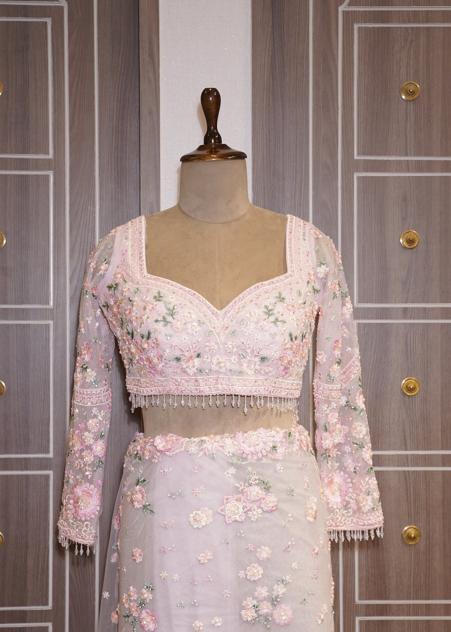 Pink Floral Embroidered Net Saree with Stitched Blouse