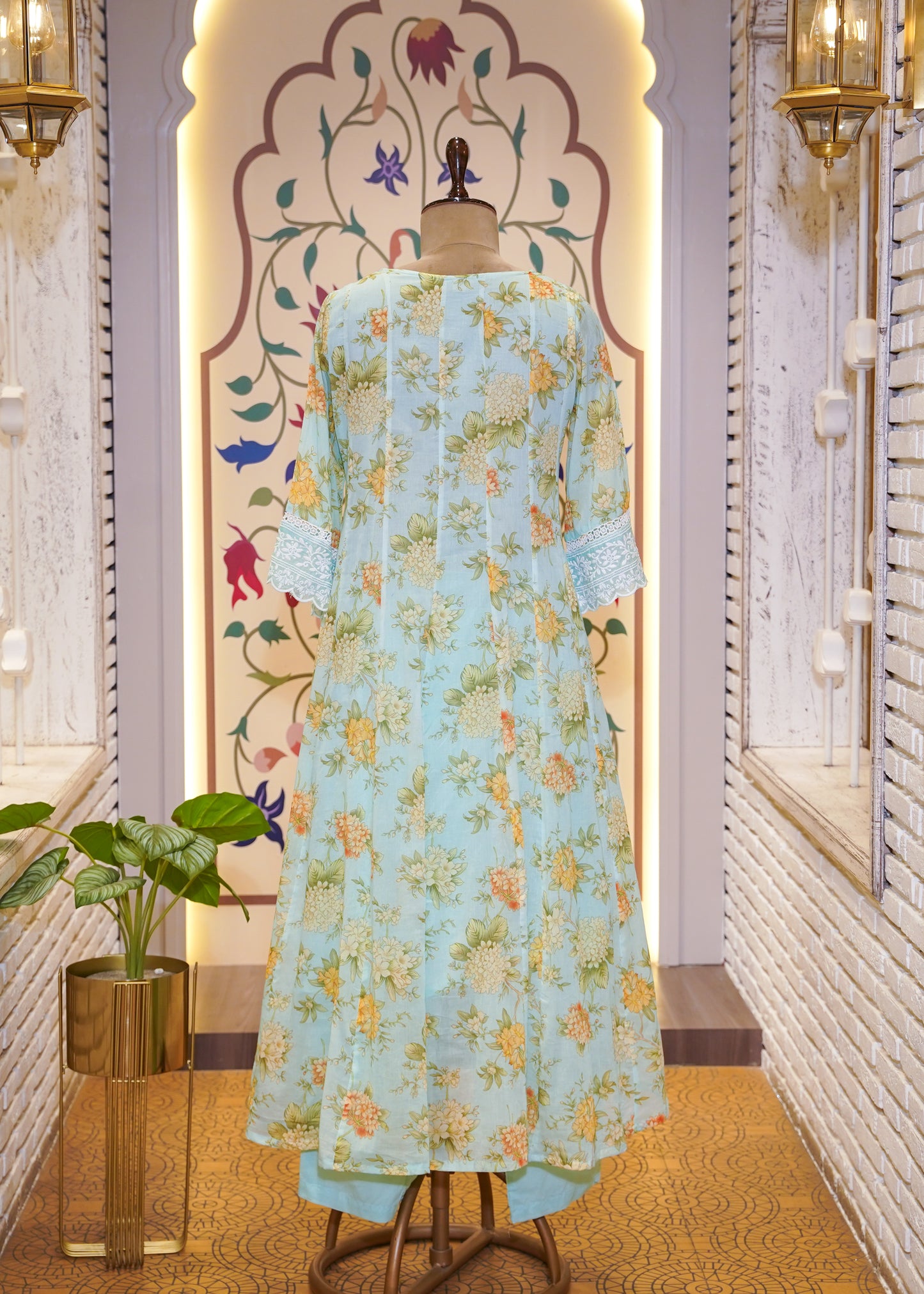 Sea Green Cotton Printed A Line 3 pc Kurti Set with Thread Embroidery
