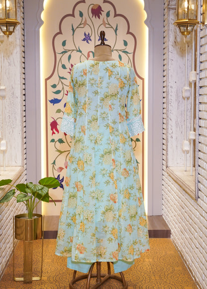 Sea Green Cotton Printed A Line 3 pc Kurti Set with Thread Embroidery