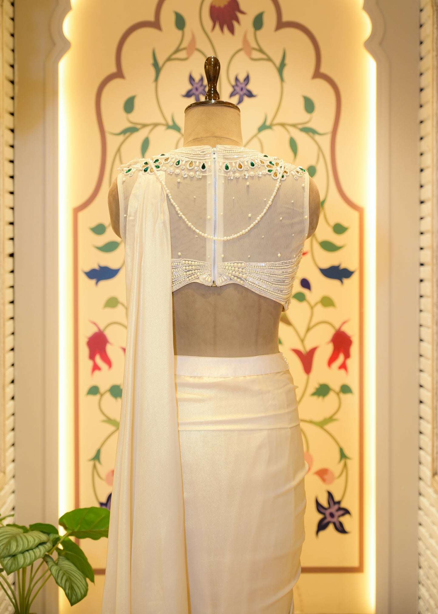 Paari White Pearl Embroidered Pre Draped Saree