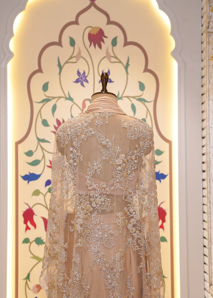 Golden Satin Patterned Skirt with Hand Embroidered Net Cape