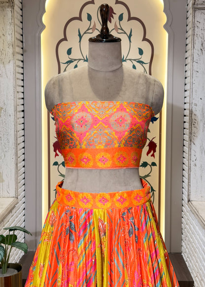 Neon Orange Hand Embellished Silk Lehenga with Unstitched Blouse