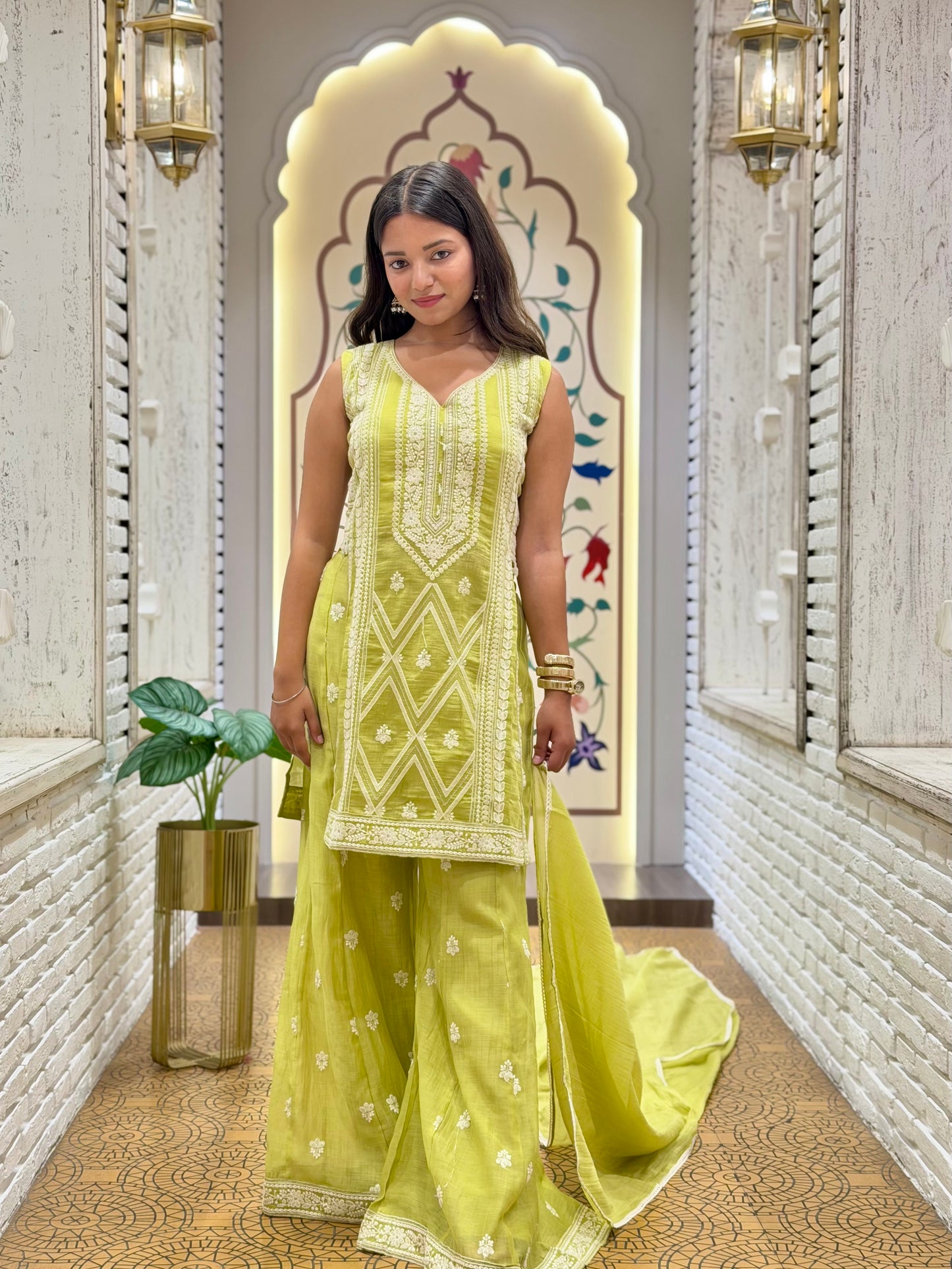 Nyra Neon Green Slit Palazzo Pants Stitched Suit Set