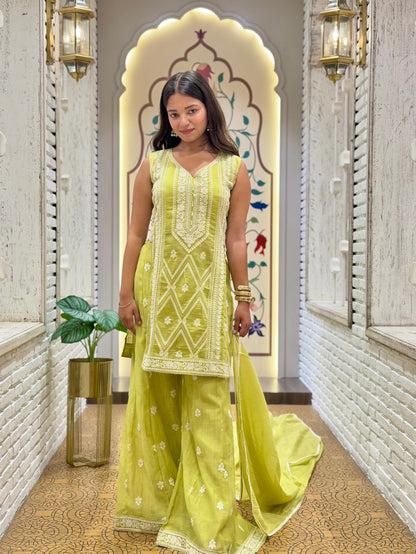 Nyra Neon Green Slit Palazzo Pants Stitched Suit Set