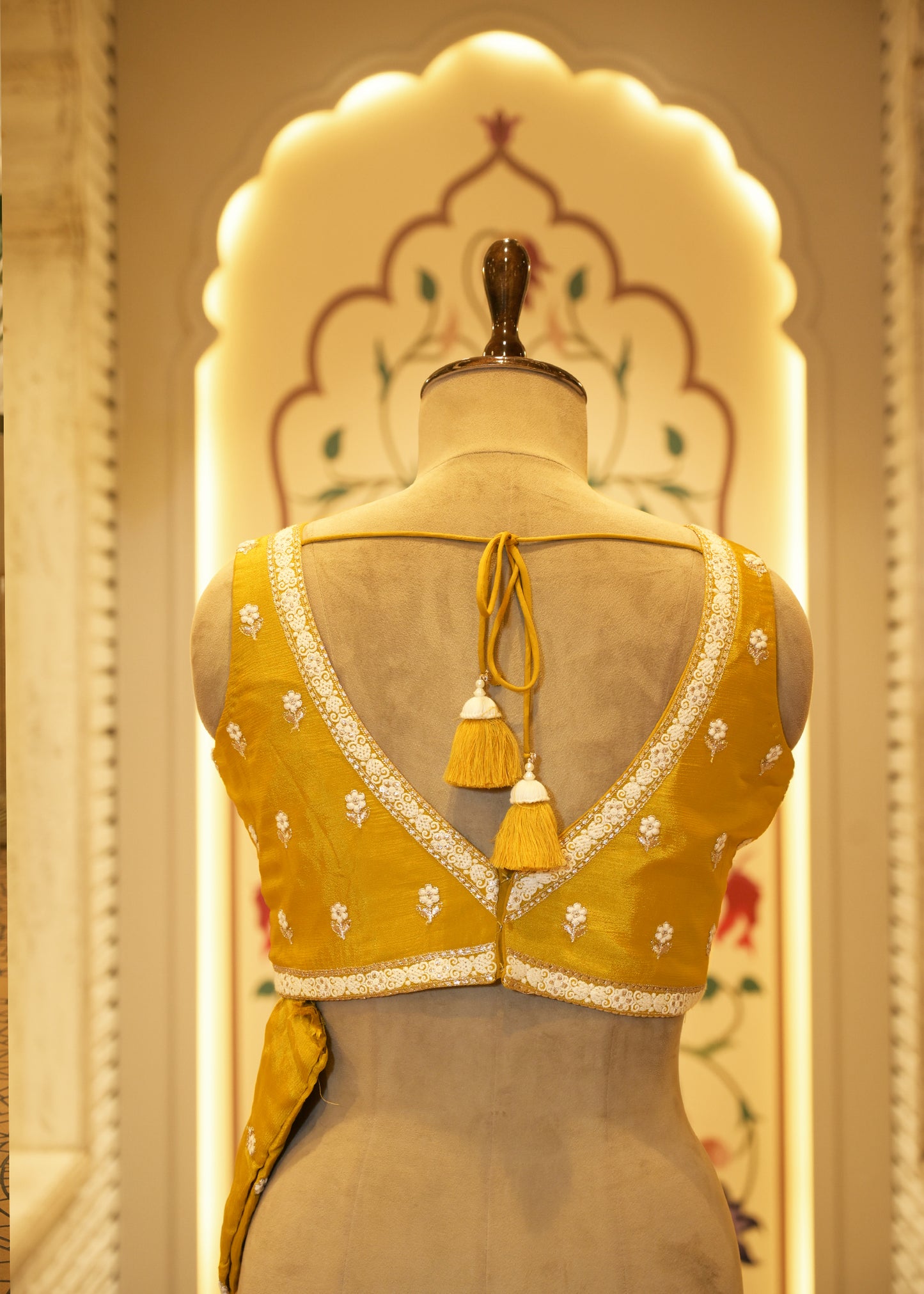 Mustard Chinon Thread Embroidered Saree with Stitched Blouse
