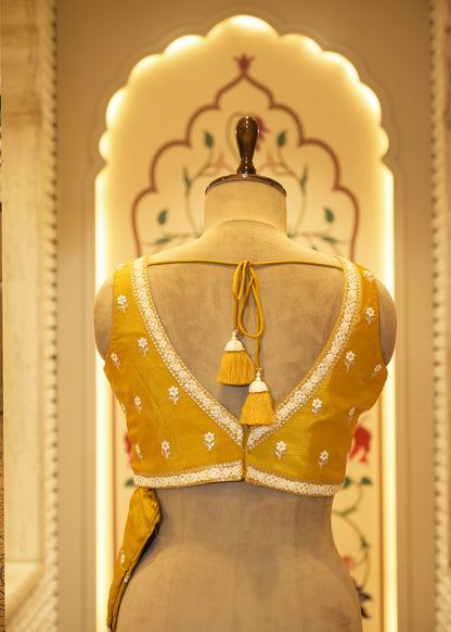 Mustard Chinon Thread Embroidered Saree with Stitched Blouse
