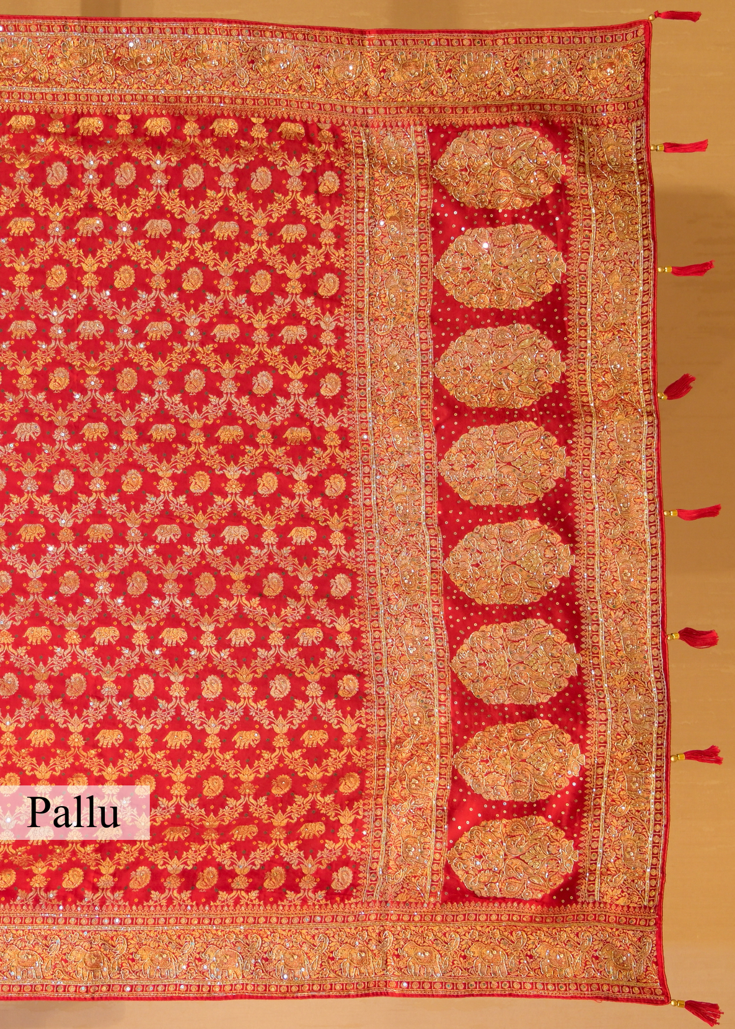 Red Hand Embroidered Dola Silk Saree with Elephant Motifs and Unstitched Blouse