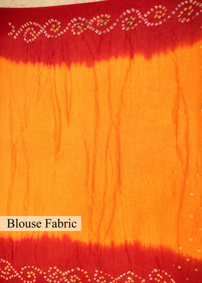 Red & Yellow Bhandhani Gajji Contrasting Saree with Unstitched Blouse