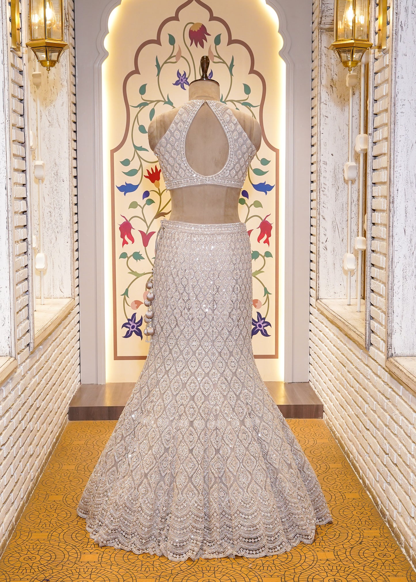 Metallic Silver Bead Embroidered Crop Top Fish-cut Skirt Set