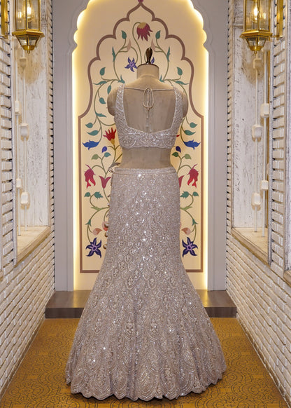 Champagne Gold Bead Embroidered Crop Top Fish-cut Skirt Set