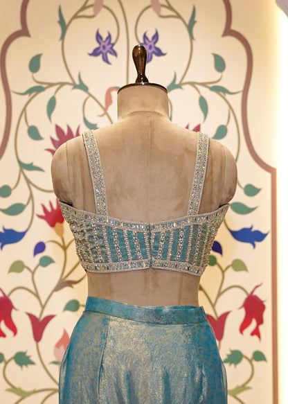 Dusty Blue Crush Tissue Drape Saree with Embroidered Blouse
