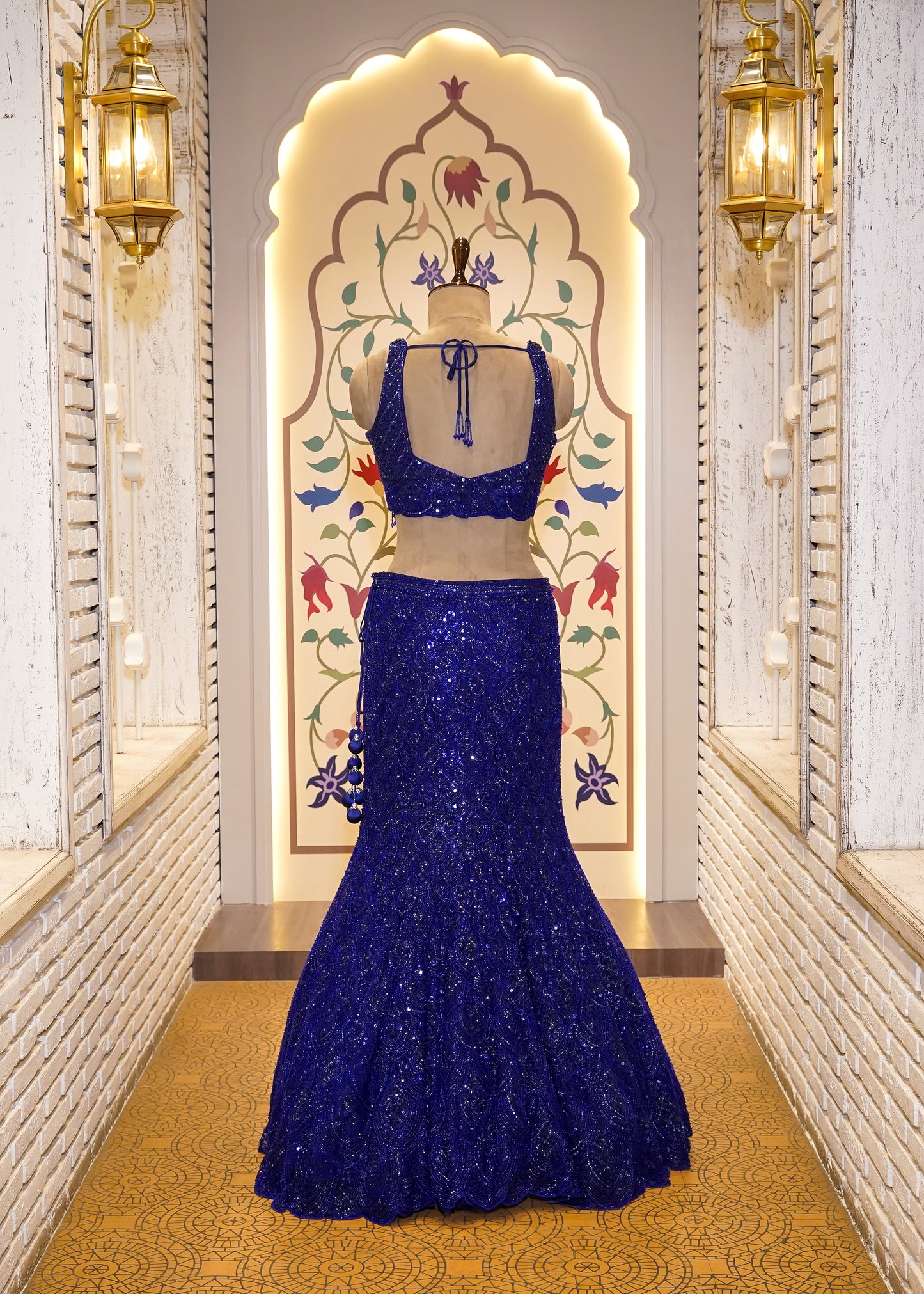 Electric Blue Bead Embroidered Crop Top Fish-cut Skirt Set