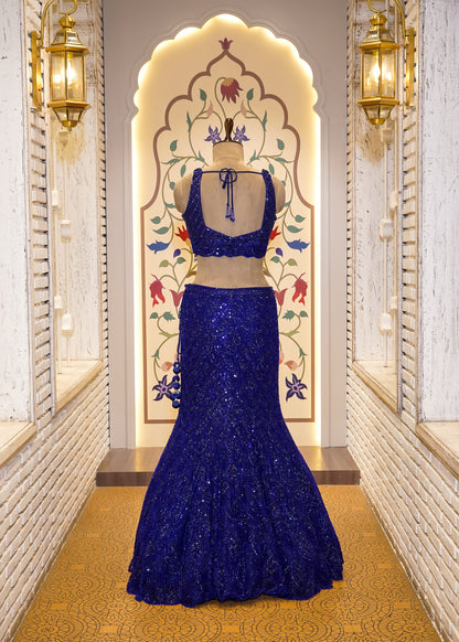 Electric Blue Bead Embroidered Crop Top Fish-cut Skirt Set