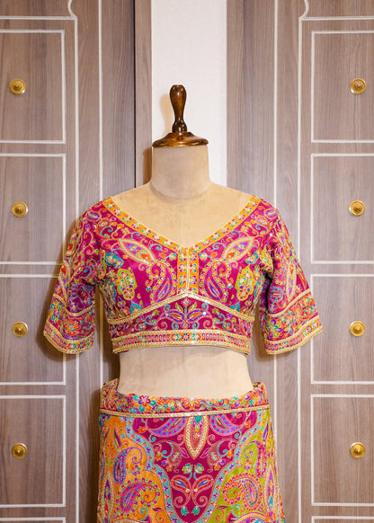 Multi Coloured Printed Zari Embroidered Designer Saree with Stitched Blouse