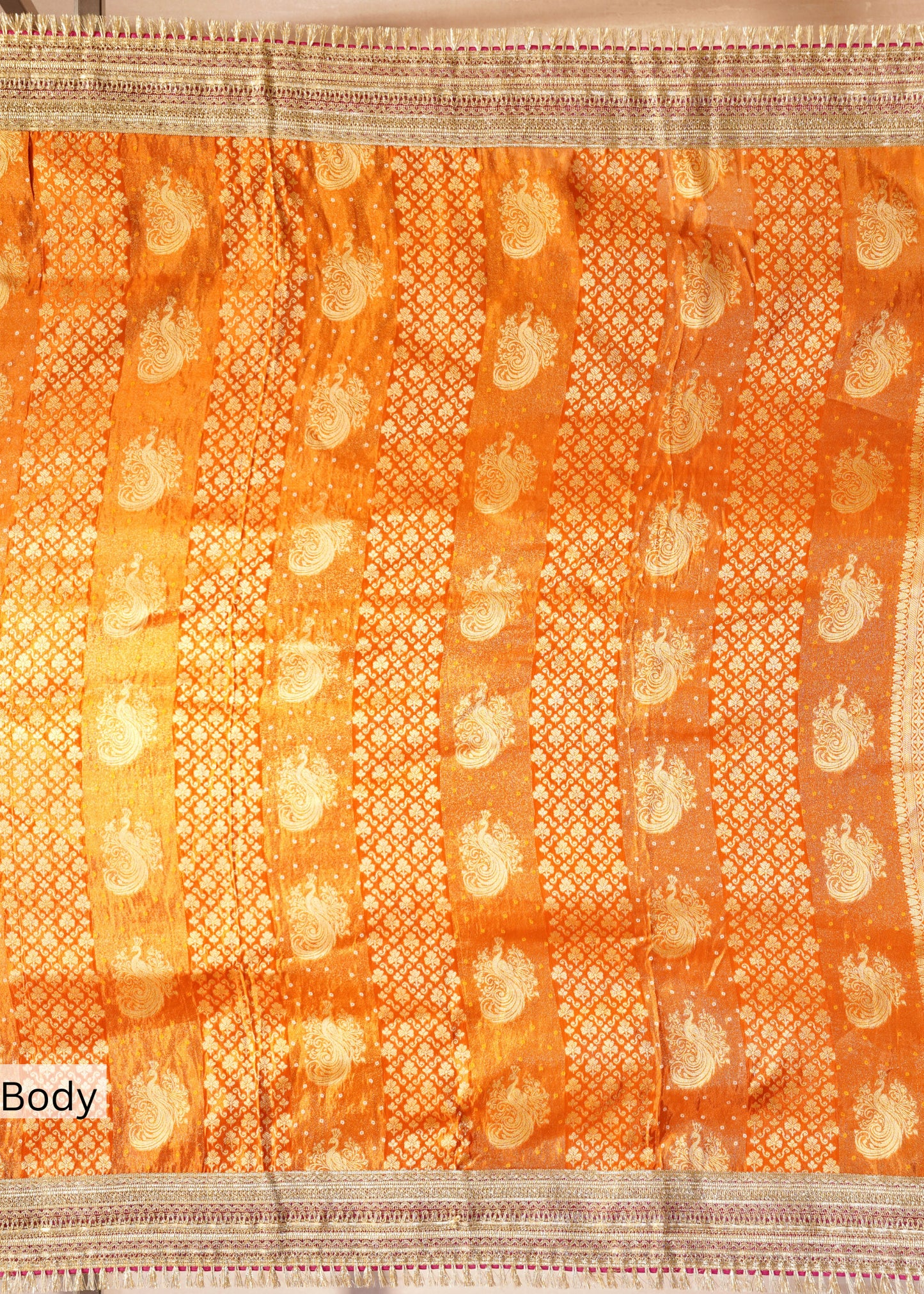 Rust Tissue Weaving Saree with Gota Lace and Unstitched Blouse