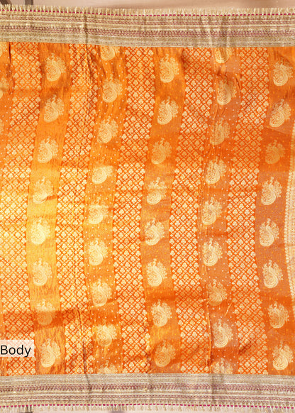 Rust Tissue Weaving Saree with Gota Lace and Unstitched Blouse