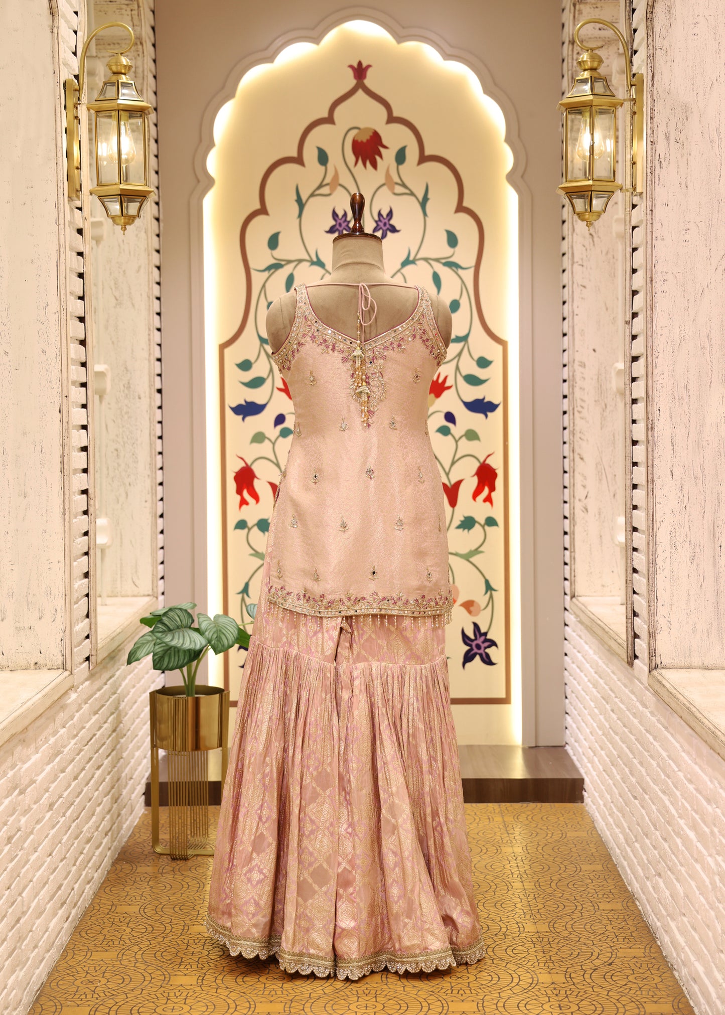 Moti Pearl Pink Short Kurti Sharara Set