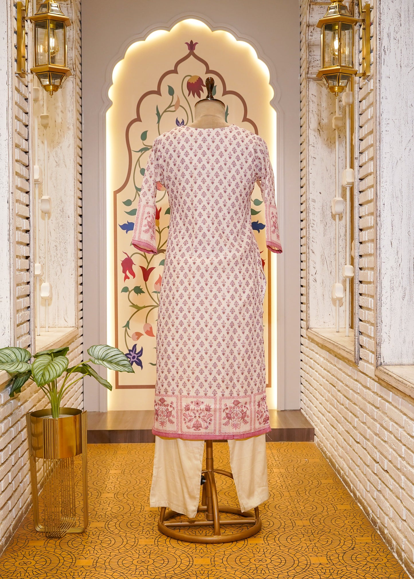 Ivory & Pink Cotton Printed 3 pc Kurti Set