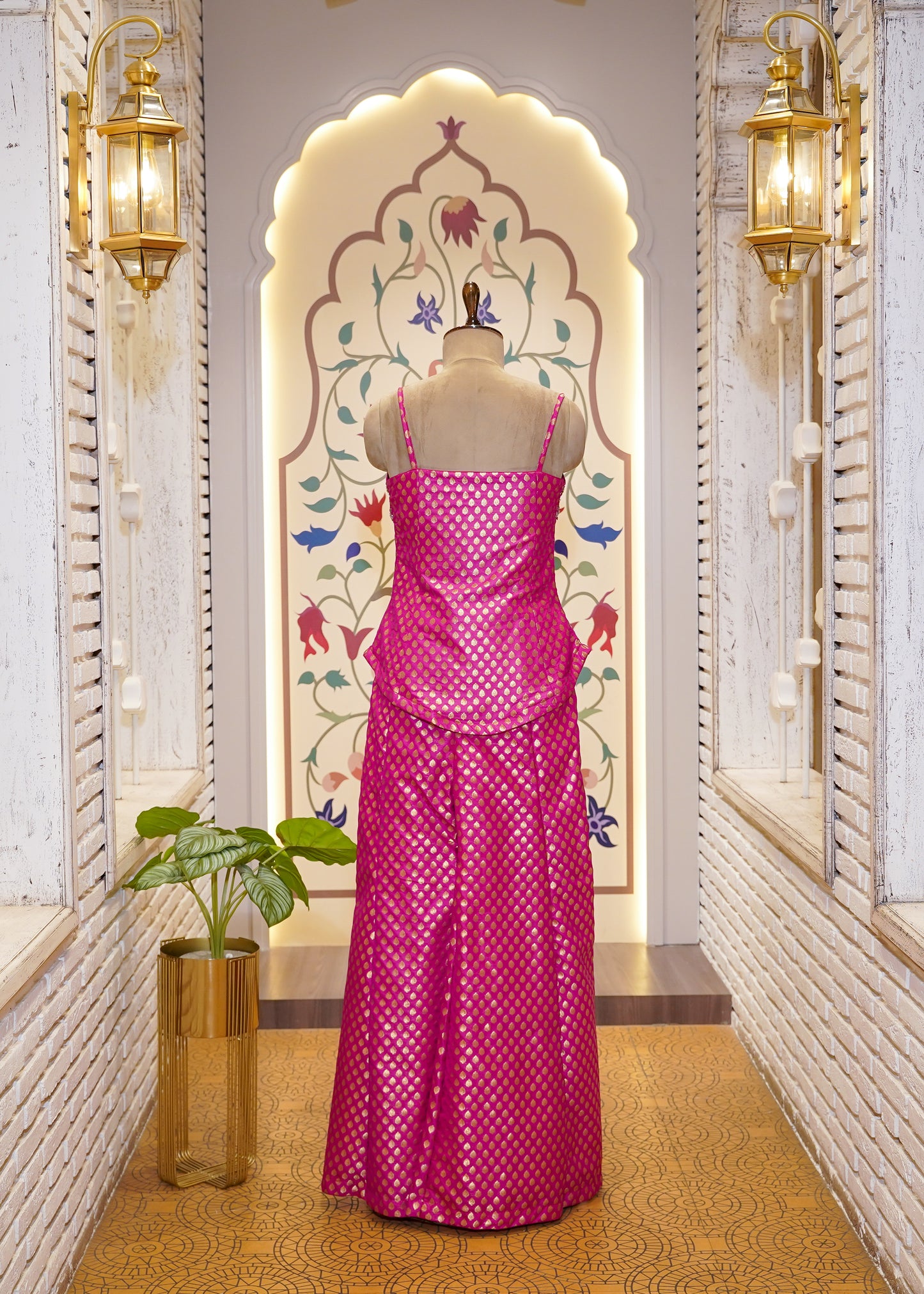 Hot pink Brocade Silk Hand Embroidered Peplum & Plazo Set with Choker Dupatta