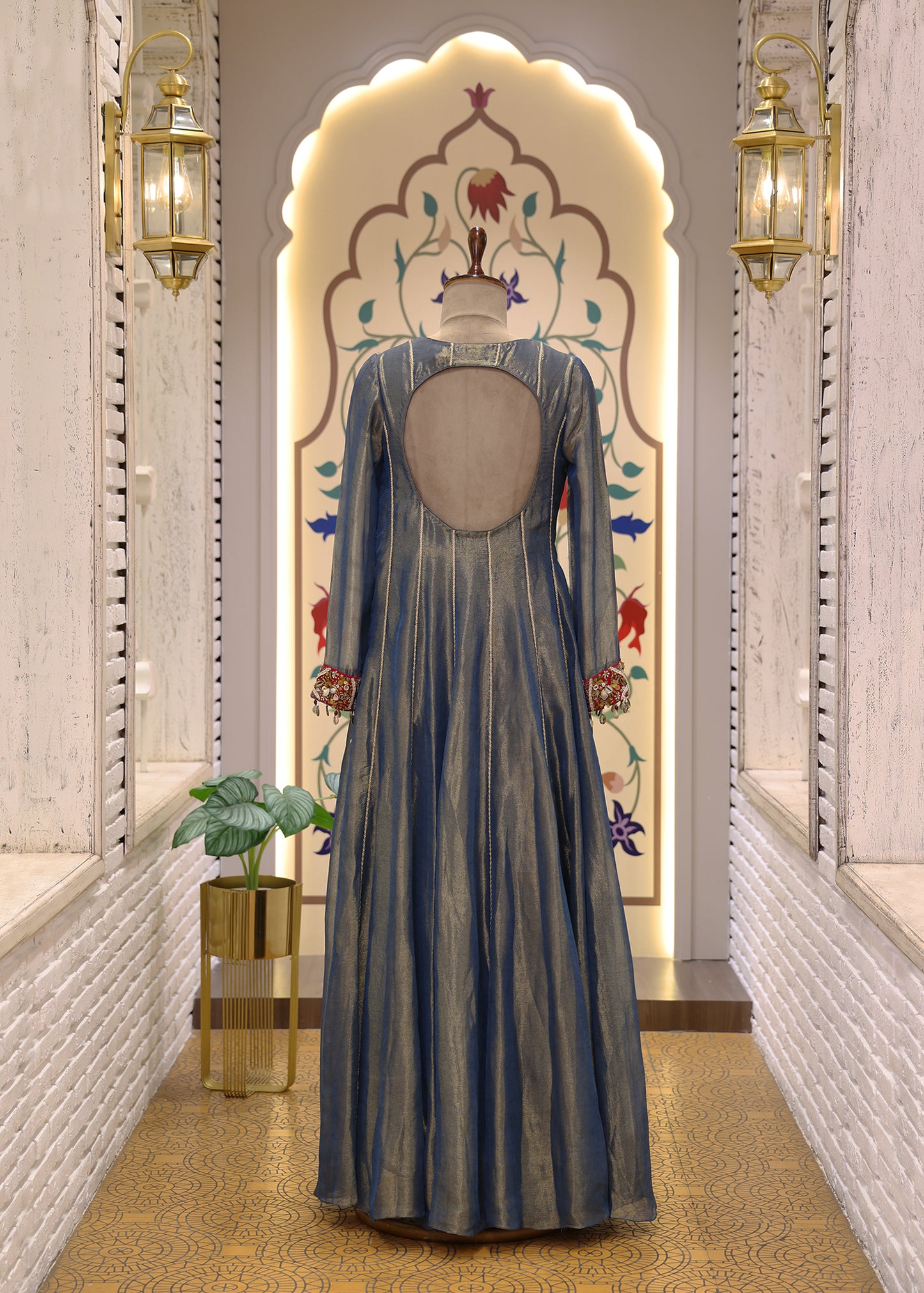 Blue & Red Anarkali Suit Set with Dupatta