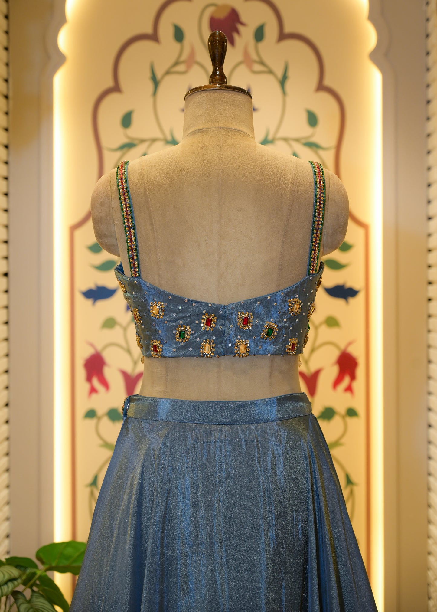 Tissue Blue Gemstone Crop Top Lehenga with Dupatta