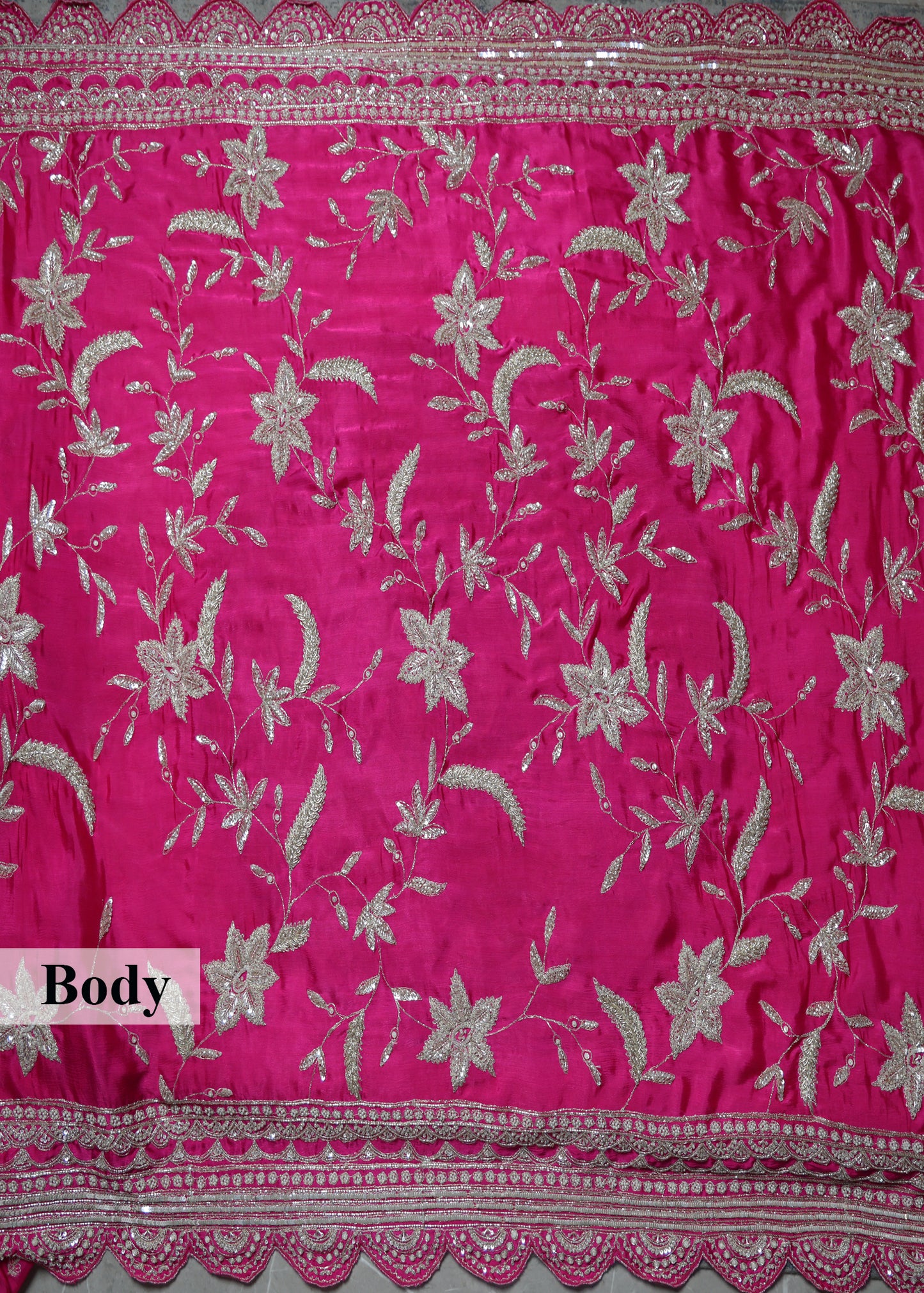 Gulzaar Pink Zari & Mooti Heavy Scallop Border Saree with Unstitched Blouse