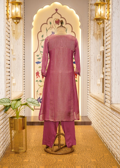 Dusty Pink Mul Cotton Weaved 3 pc Kurti Set