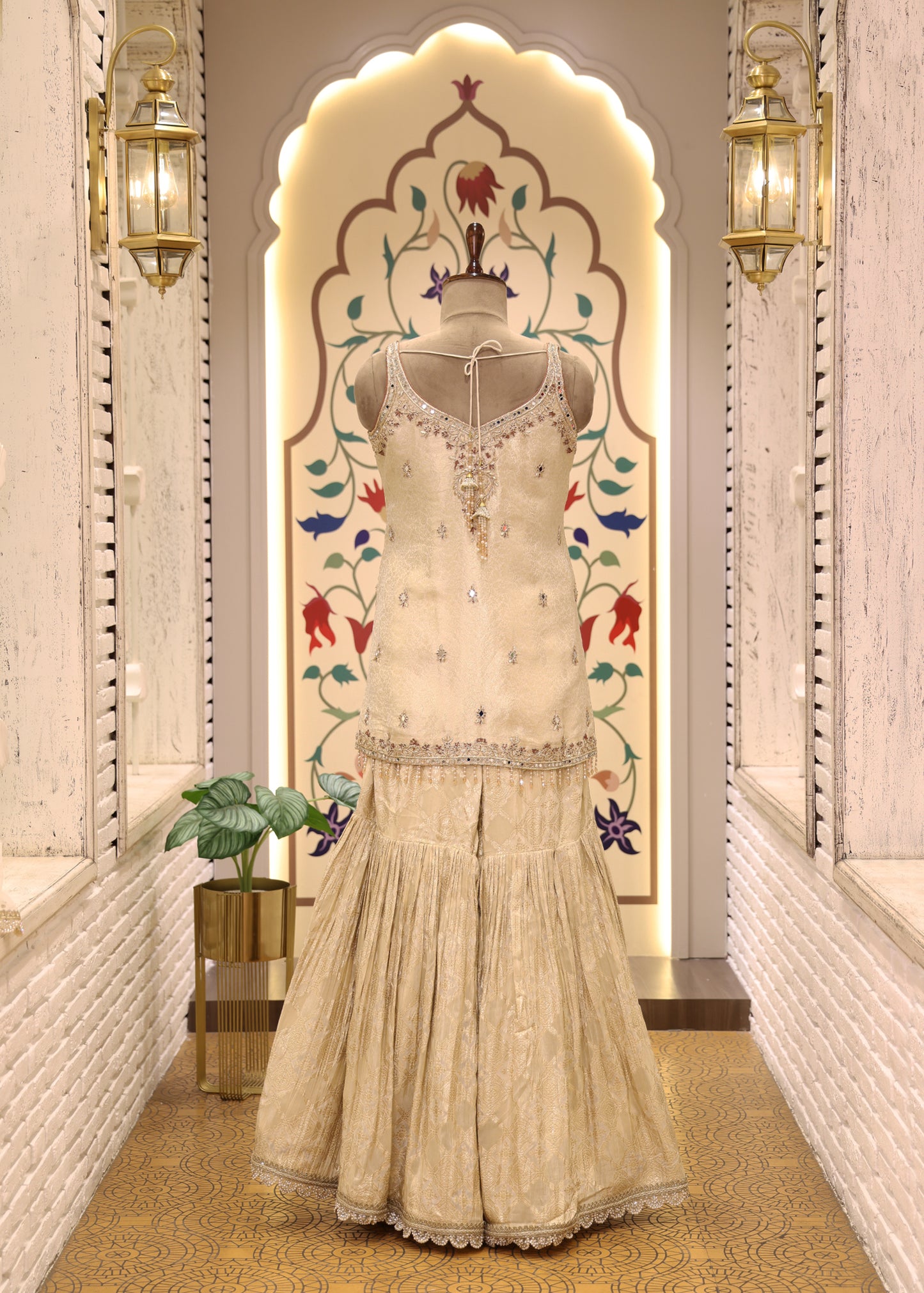 Moti Pearl Cream Short Kurti Sharara Set