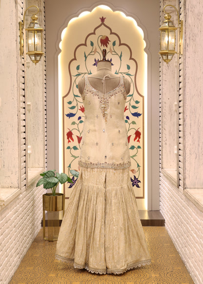 Moti Pearl Cream Short Kurti Sharara Set