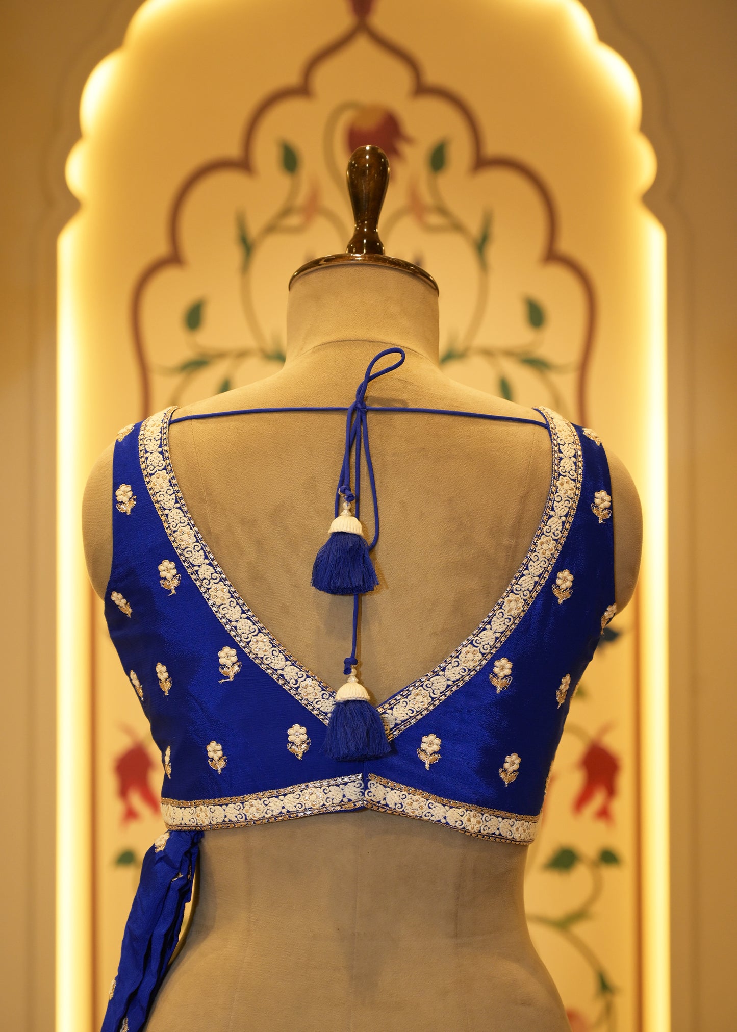 Electric Blue Chinon Thread Embroidered Saree with Stitched Blouse