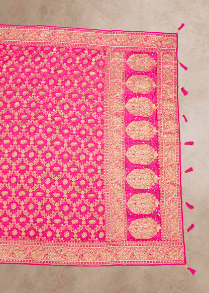 Rani Hand Embroidered Dola Silk Saree with Elephant Motifs and Unstitched Blouse