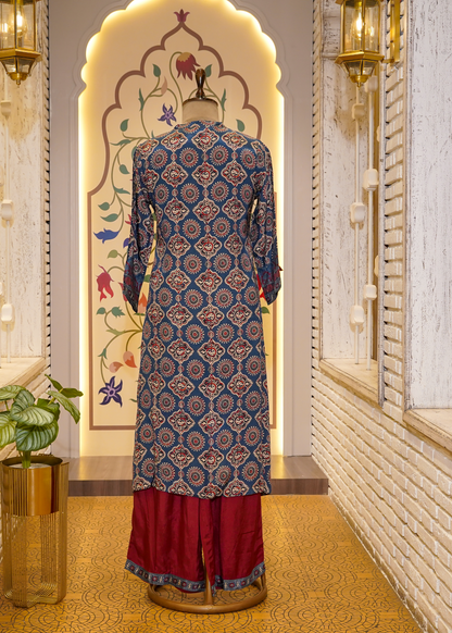 Blue & Red Ajrak Printed Muslin 3-Piece Kurti Set