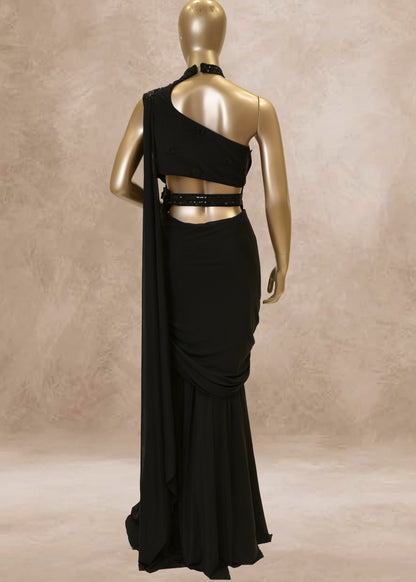 Black Sequins Embroidered Drape Style Gown