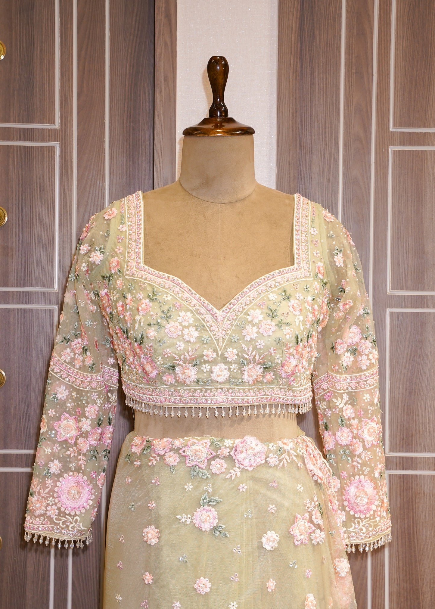 Pista Floral Embroidered Net Saree with Stitched Blouse