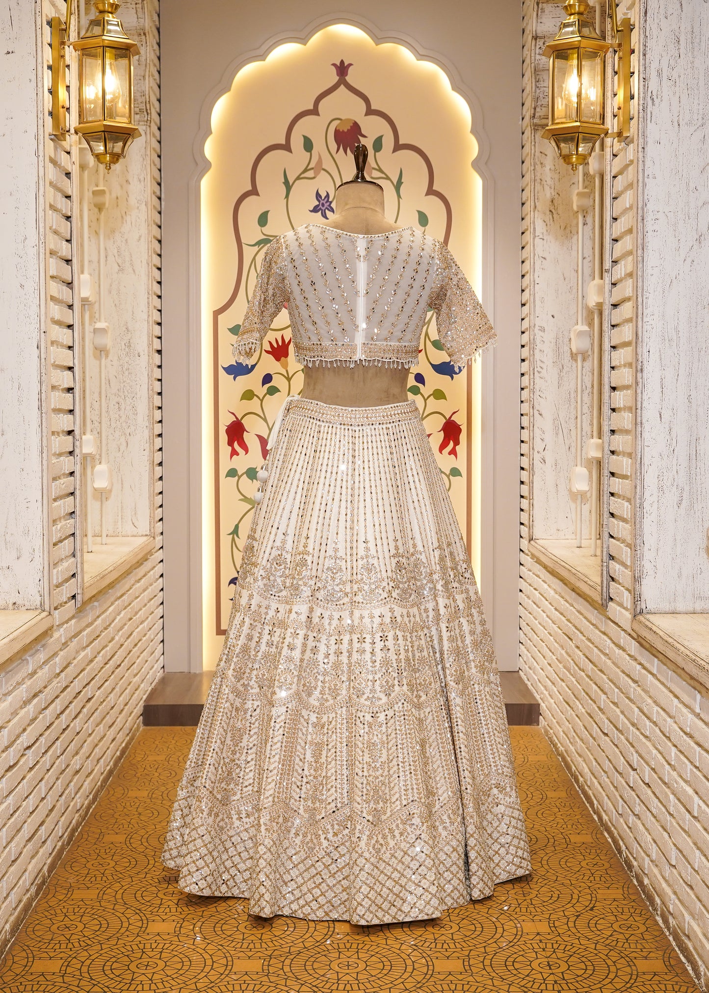 Ivory Silk Mirror Embroidered Half Sleeves Crop Top Skirt Set