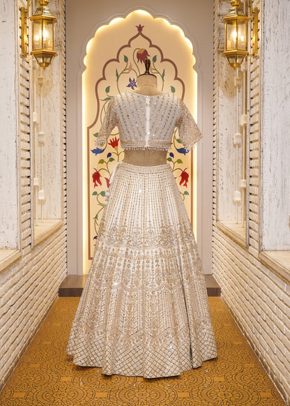 Ivory Silk Mirror Embroidered Half Sleeves Crop Top Skirt Set