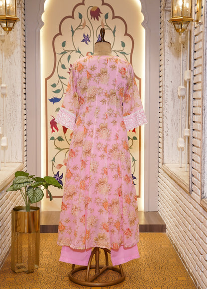 Pink Cotton Printed A Line 3 pc Kurti Set with Thread Embroidery