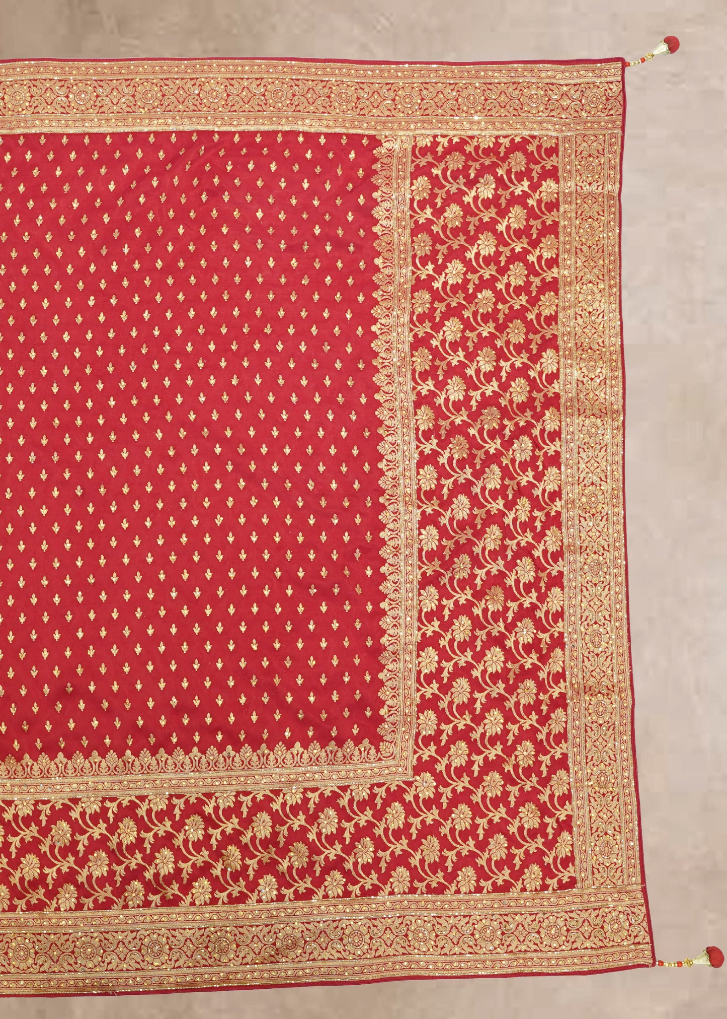 Red Booti Embroidered Dola Silk Saree with Unstitched Blouse