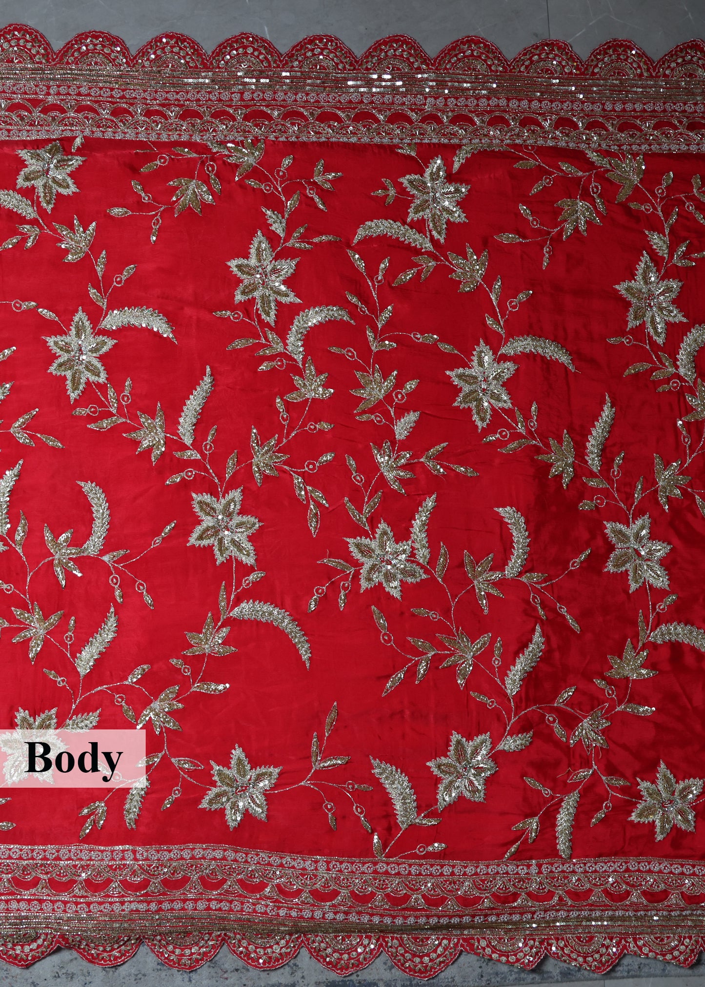 Gulzaar Red Zari & Mooti Heavy Scallop Border Saree with Unstitched Blouse