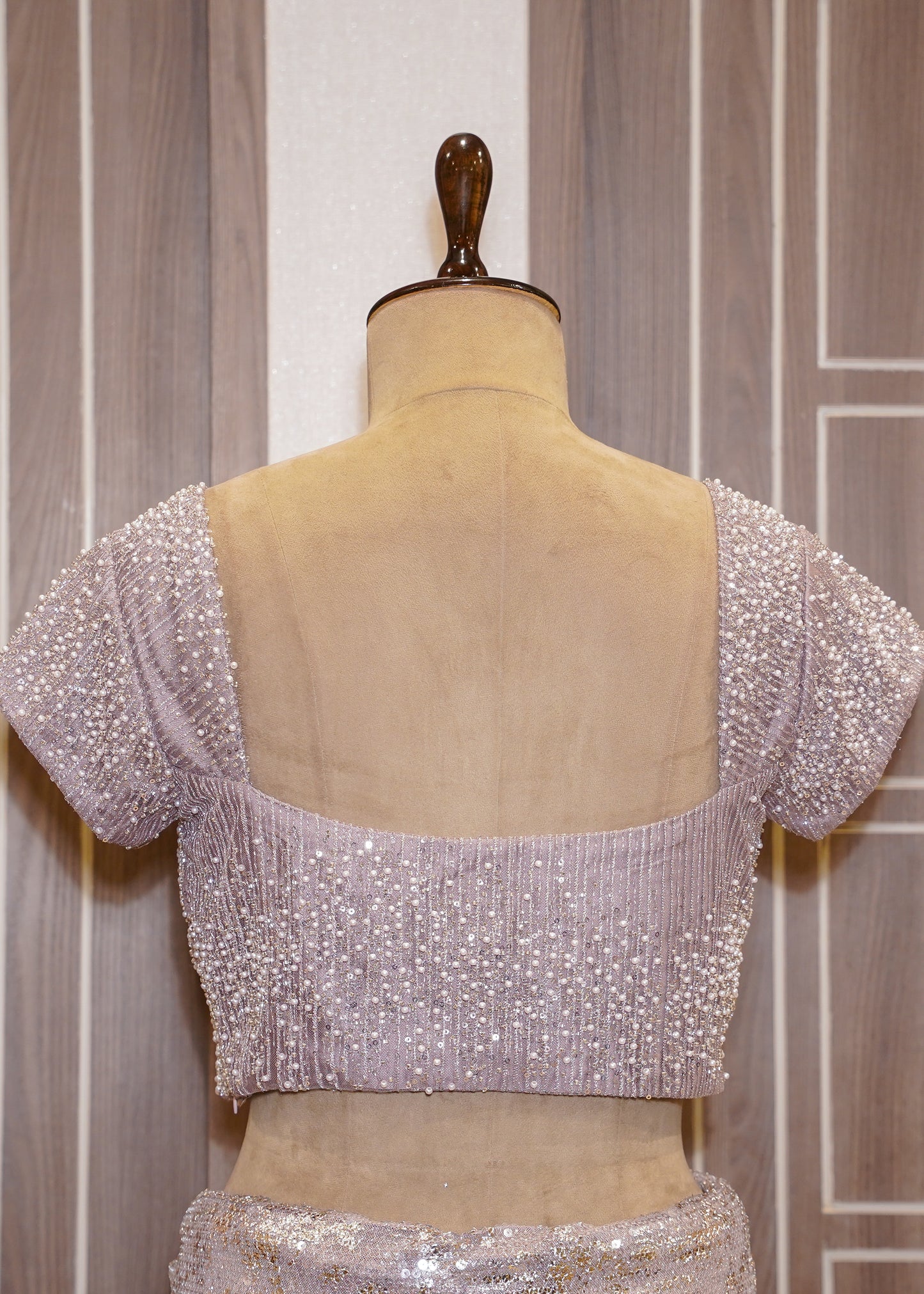 Lavender Sequence Saree with Hand Embroidered Pletes and Stitched Blouse