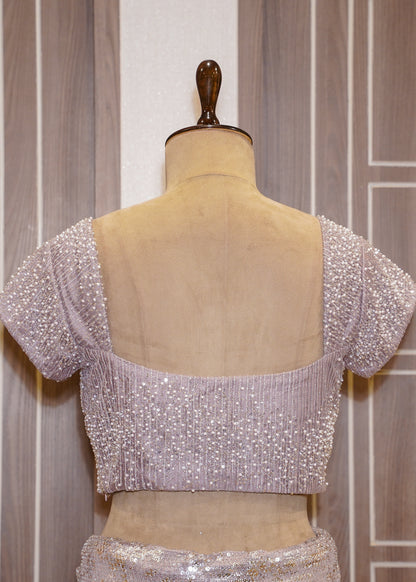 Lavender Sequence Saree with Hand Embroidered Pletes and Stitched Blouse