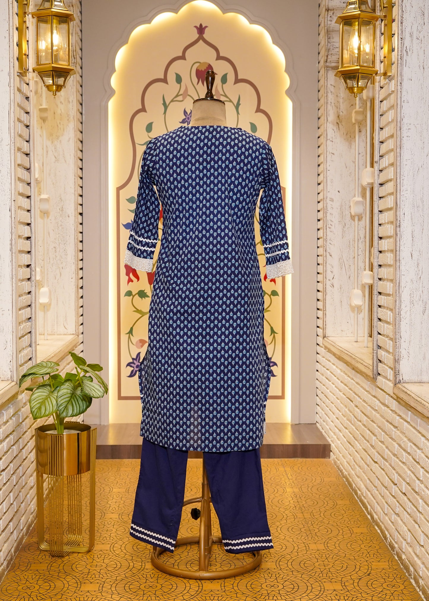 Blue Cotton Printed 3 pc Kurti Set with Lace Work